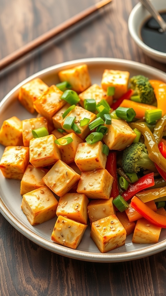 Seasoned tofu cubes garnished with green onions and sesame seeds, served with a vegetable stir-fry on a rustic table.